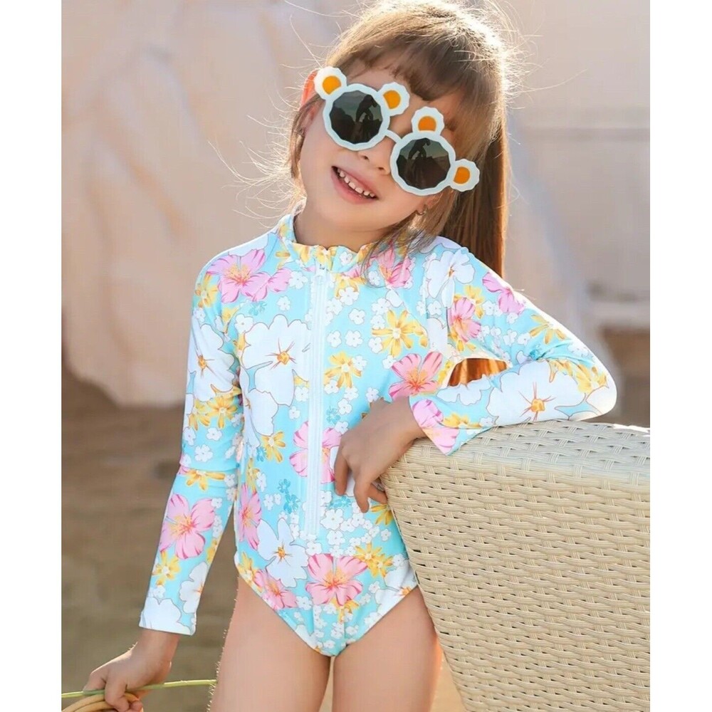Los Angeles Boutique Girls Floral One Piece Zip Front Long Sleeve Swim Beach 4-5